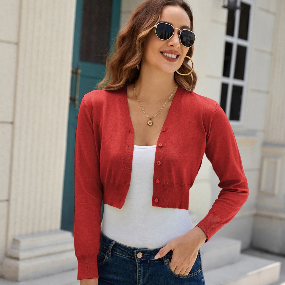 Classy V Neck Cropped Cotton Knitwear Knitting Coat Cardigan Check Your Size - Picture 179 of 236