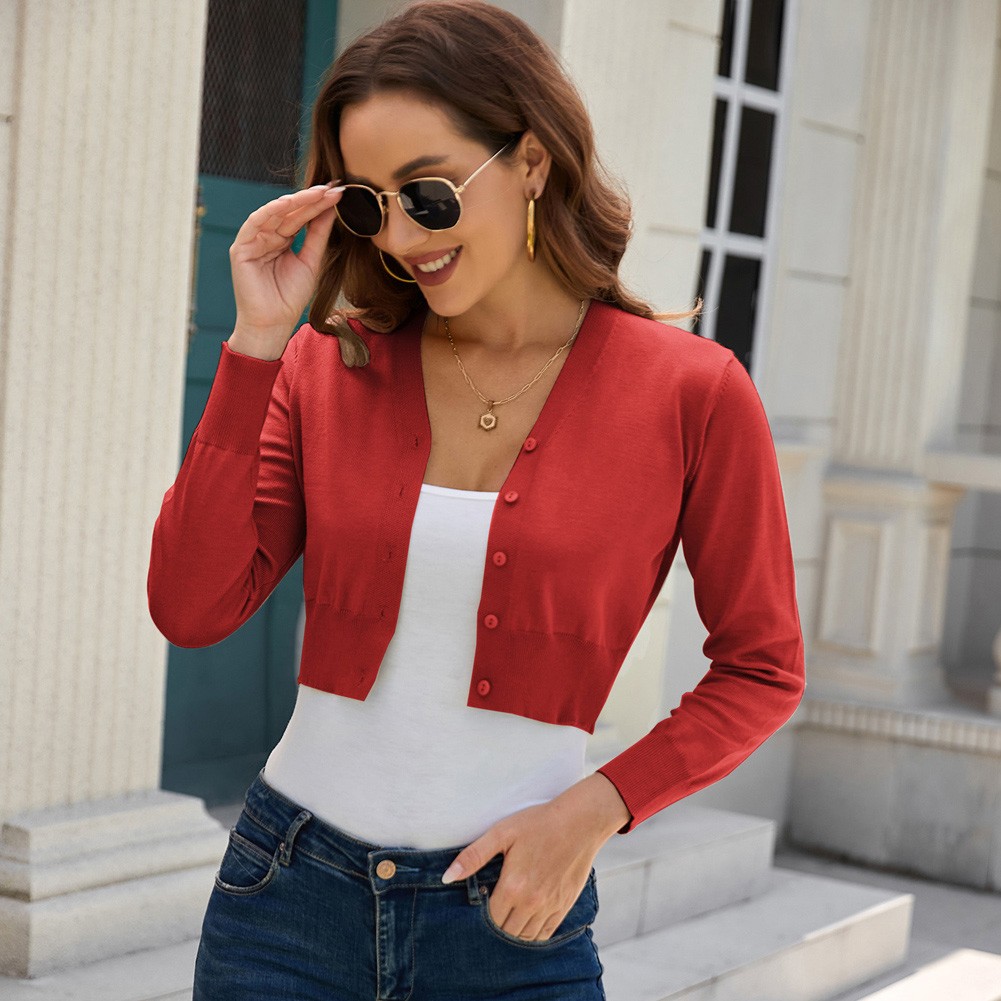Fashion forward Knitting Coat Cardigan Women's VNeck Crop Cotton Knitwear - Picture 183 of 236