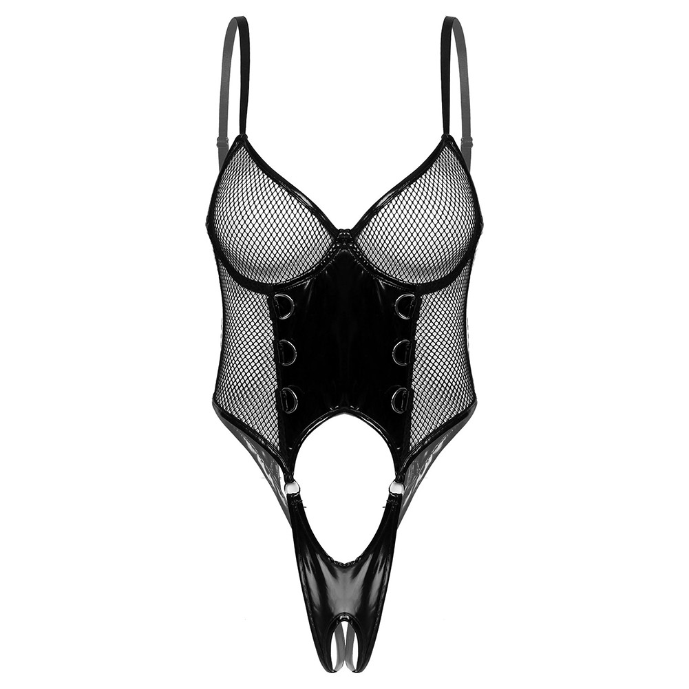 Neu Frauen Bodysuit Overall Dessous Kunstleder Mesh Nachtwäsche Schwarz - Bild 20 von 44