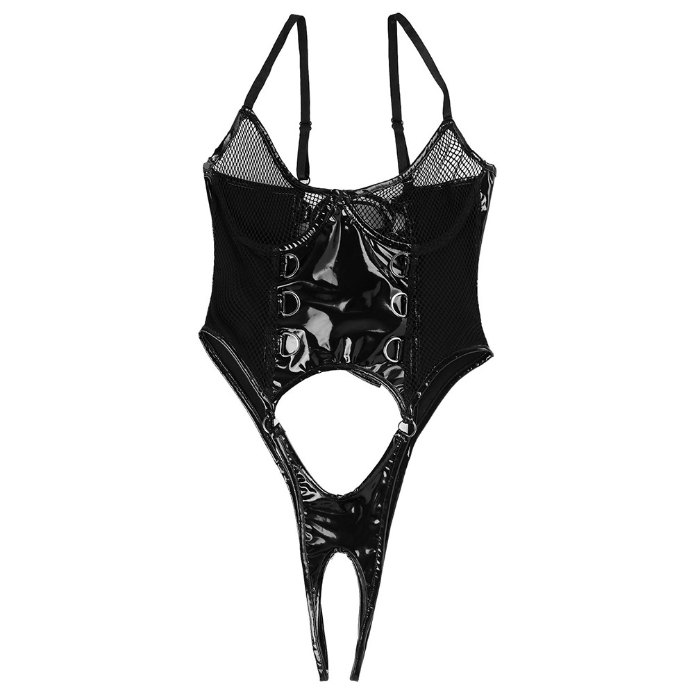 Neu Frauen Bodysuit Overall Dessous Kunstleder Mesh Nachtwäsche Schwarz - Bild 17 von 44