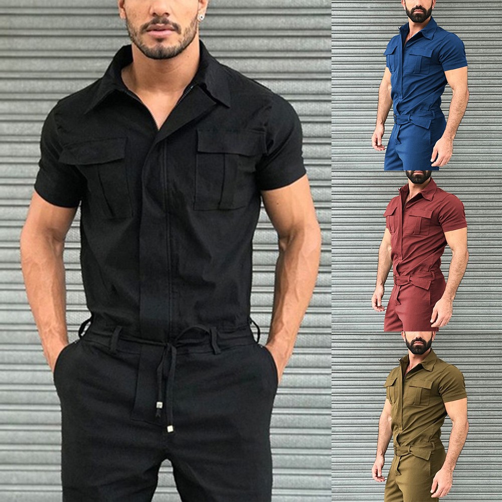 Jumpsuit Men Bodysuit Waist Belt Work Clothing Breathable Comfy