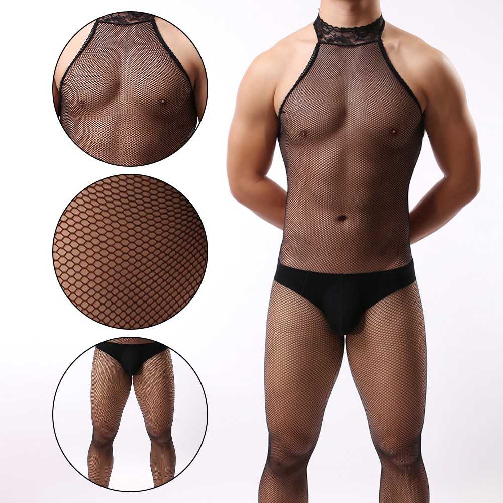 Sexy Netzbody offener Schritt Dessous für Männer durchsichtig  Ganzkörperstrü