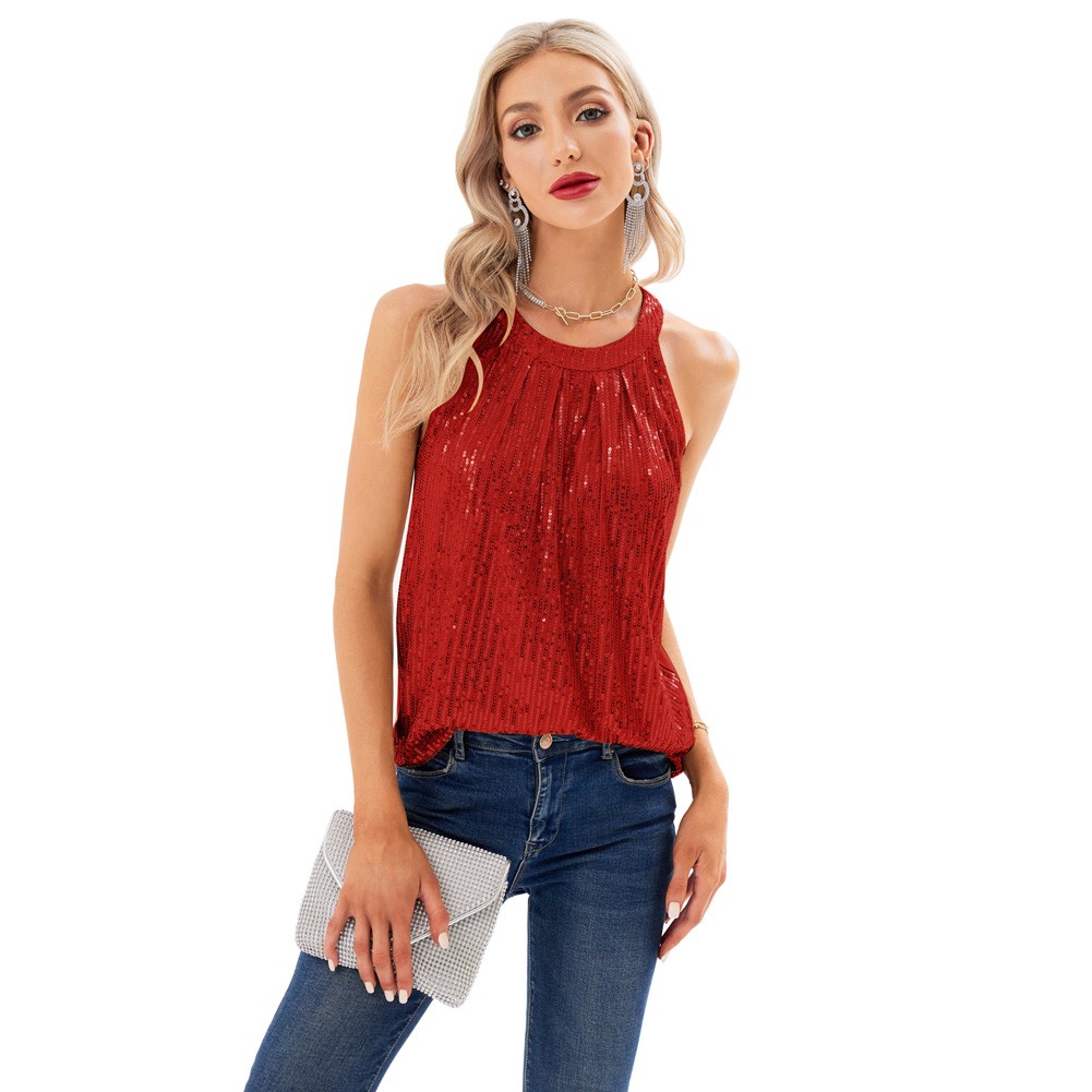 Womens Sparkling Sequin Halterneck Tops Sleeveless Keyhole économies Back Button