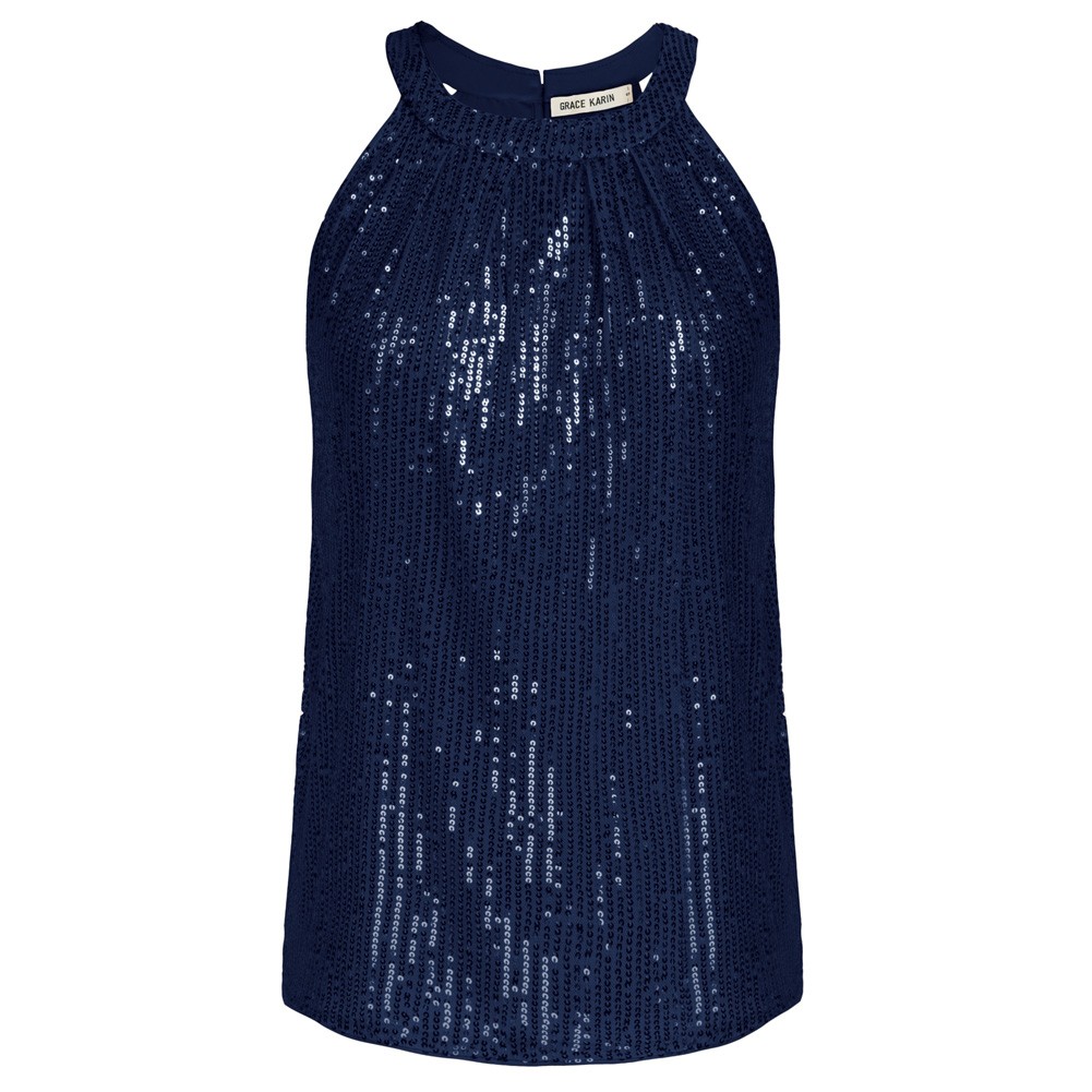 Womens Sparkling Sequin Halterneck Tops Sleeveless Keyhole Back vente Button