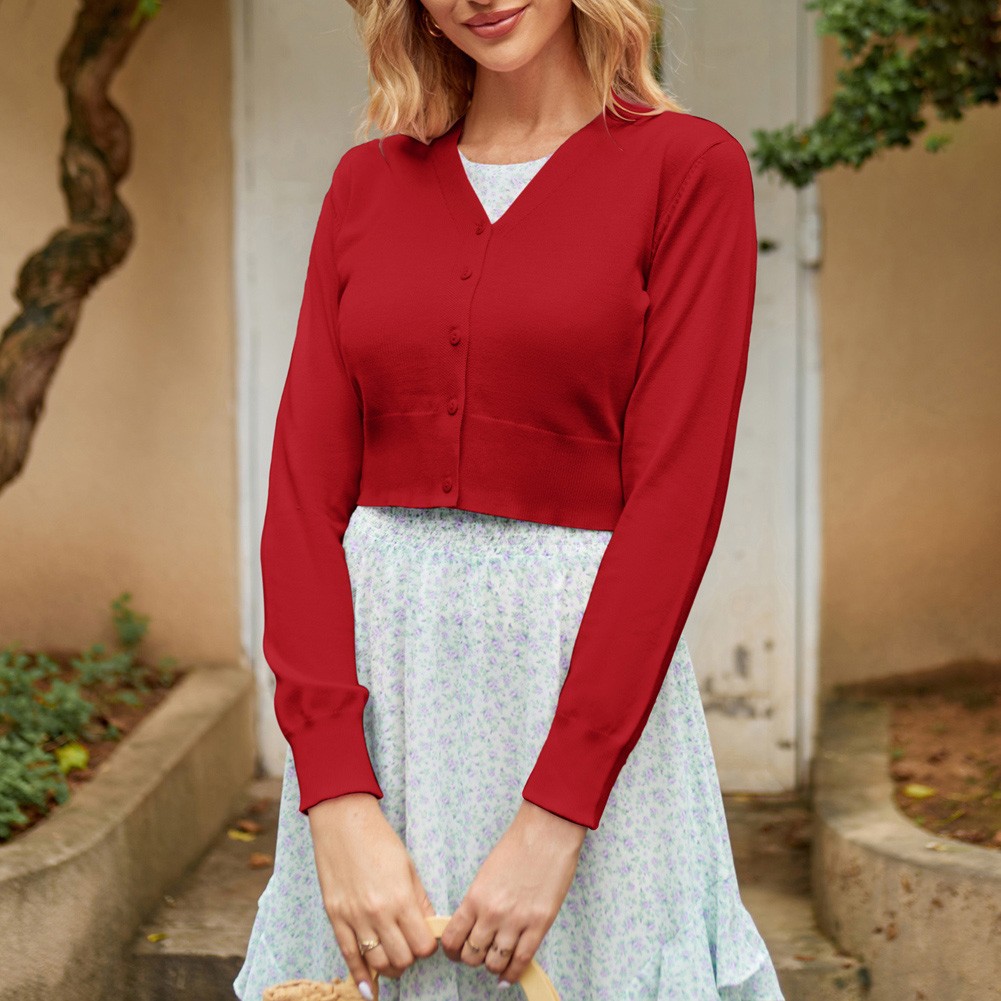 Fashion forward Knitting Coat Cardigan Women's VNeck Crop Cotton Knitwear - Picture 181 of 236