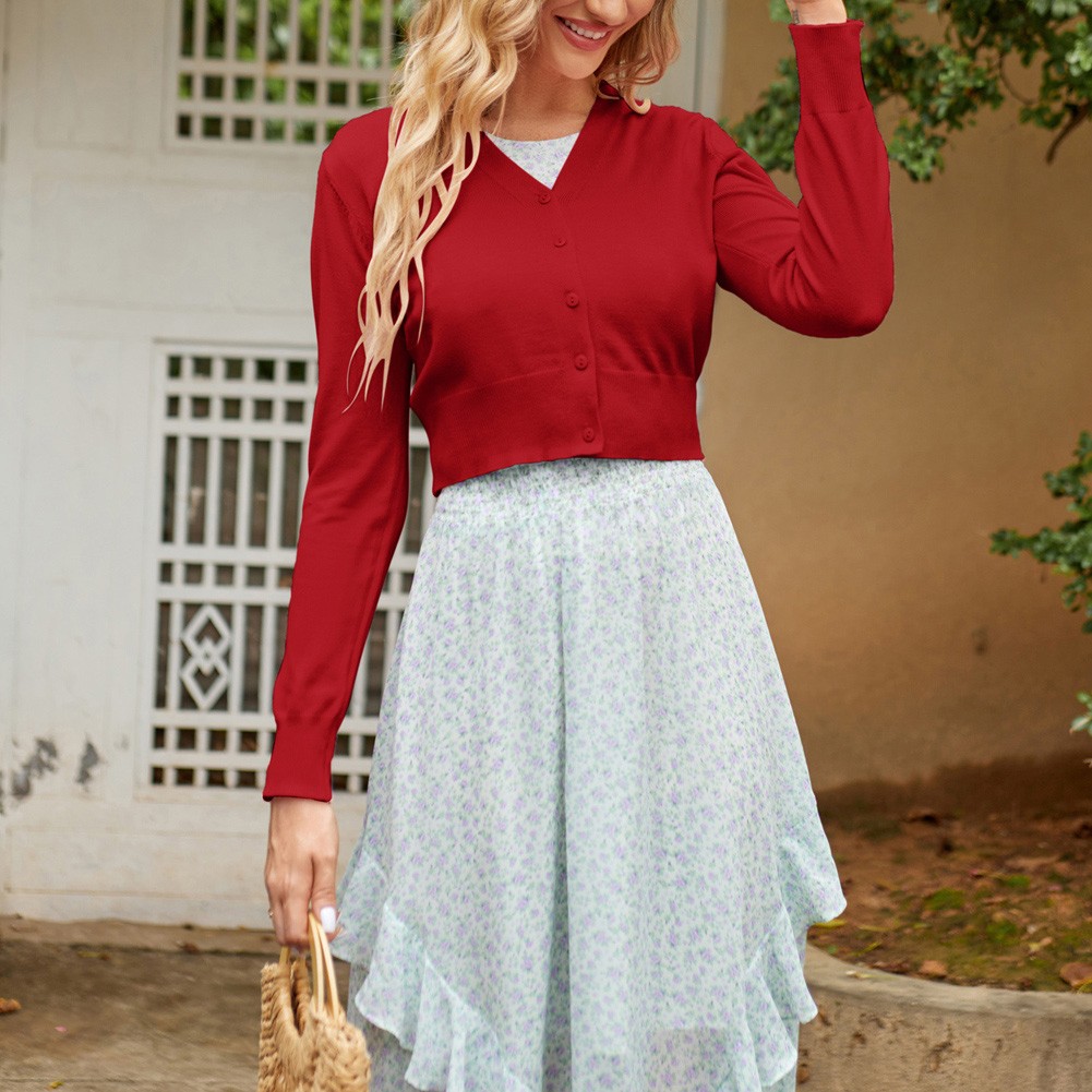 Fashion forward Knitting Coat Cardigan Women's VNeck Crop Cotton Knitwear - Picture 179 of 236
