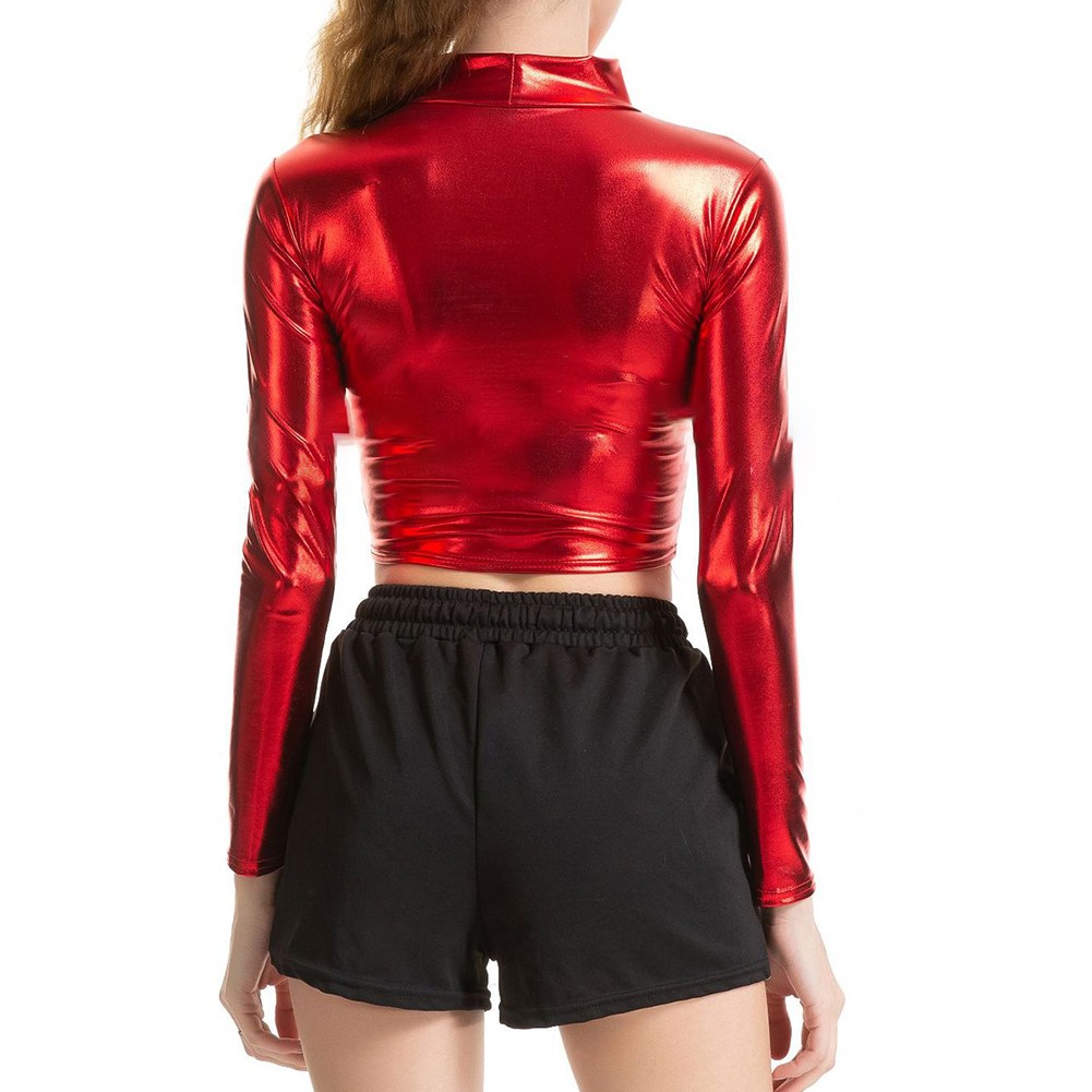 Women Mock Neck Tops Dance Club Long Sleeve Mock Neck Women Faux Leather Shiny - Picture 19 of 32