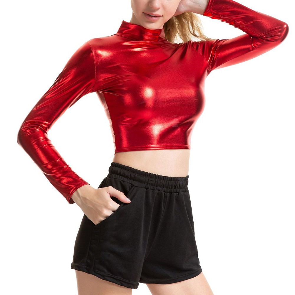 Women Mock Neck Tops Dance Club Long Sleeve Mock Neck Women Faux Leather Shiny - Picture 17 of 32