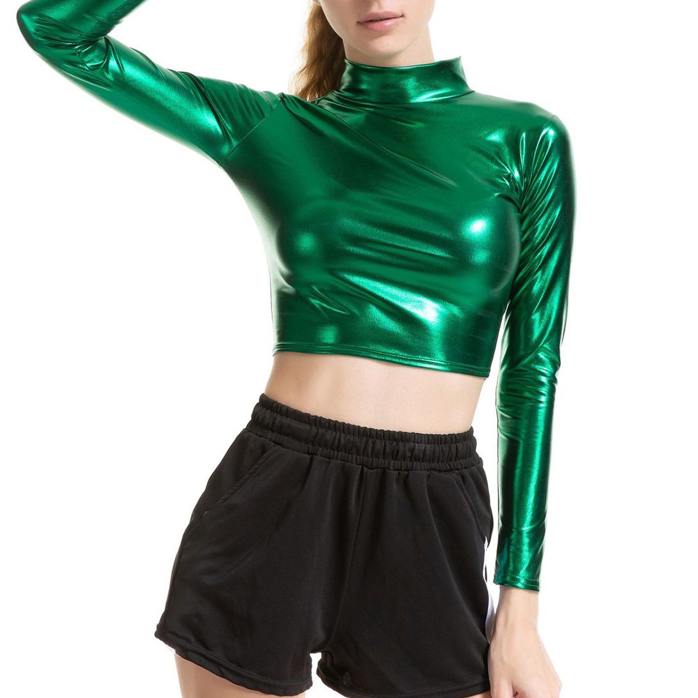 Women Mock Neck Tops Dance Club Long Sleeve Mock Neck Women Faux Leather Shiny - Picture 13 of 32