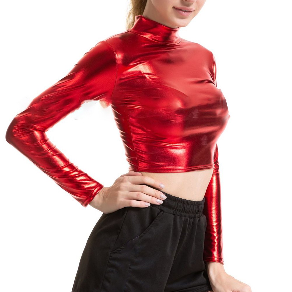 Women Mock Neck Tops Dance Club Long Sleeve Mock Neck Women Faux Leather Shiny - Picture 18 of 32