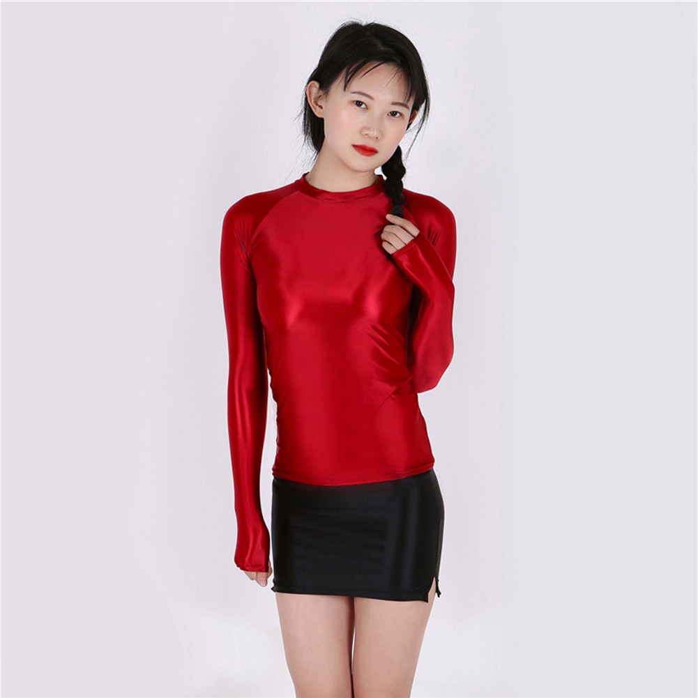 Slimming Long Sleeve T Shirt Women Glossy Stretch Blouse for All Seasons - Picture 15 of 22