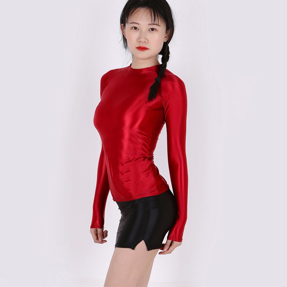 Slimming Long Sleeve T Shirt Women Glossy Stretch Blouse for All Seasons - Picture 16 of 22