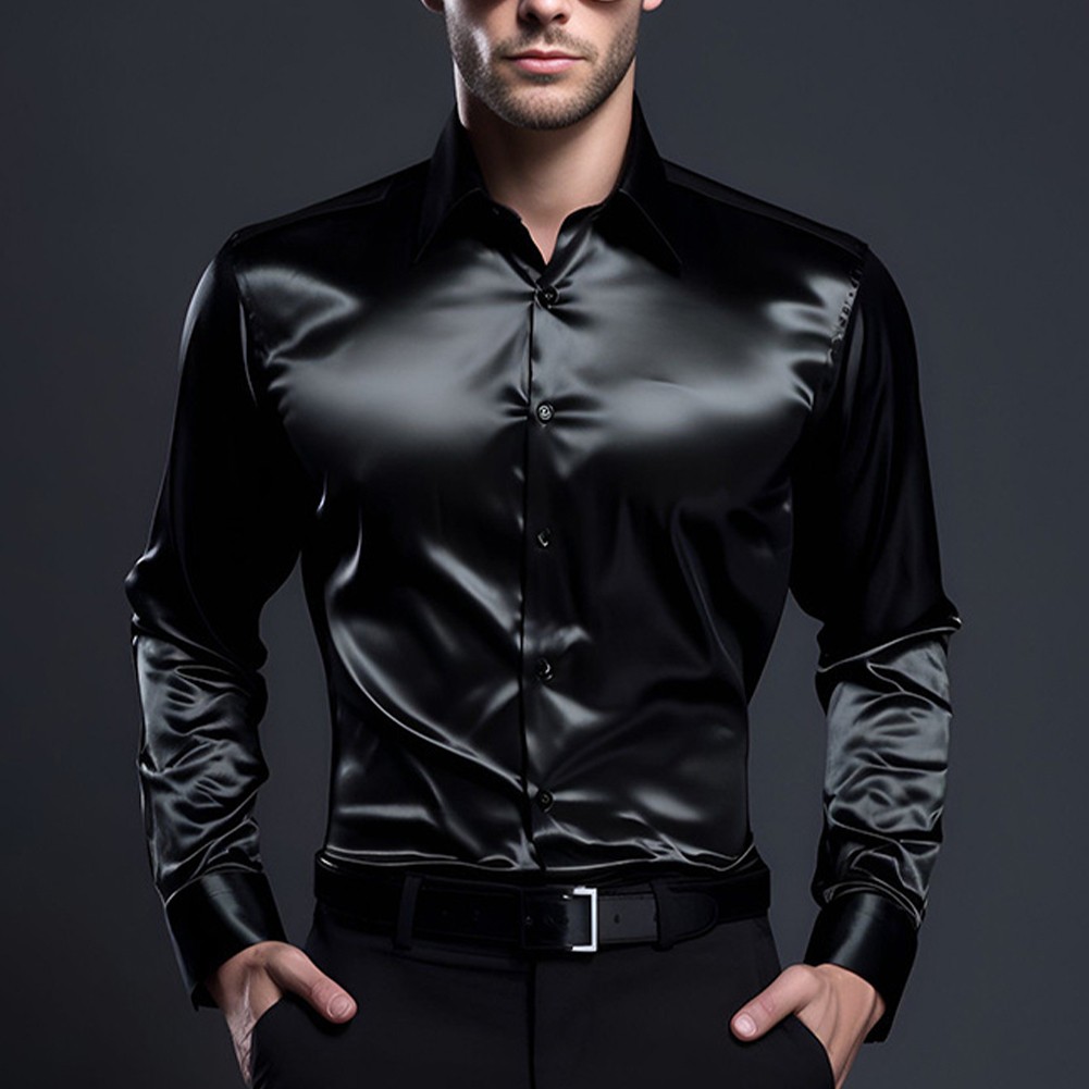 Shirt Cocktail Comfy Dress Shirt Fashion Long Sleeve Satin Silk Shirts - Picture 30 of 49