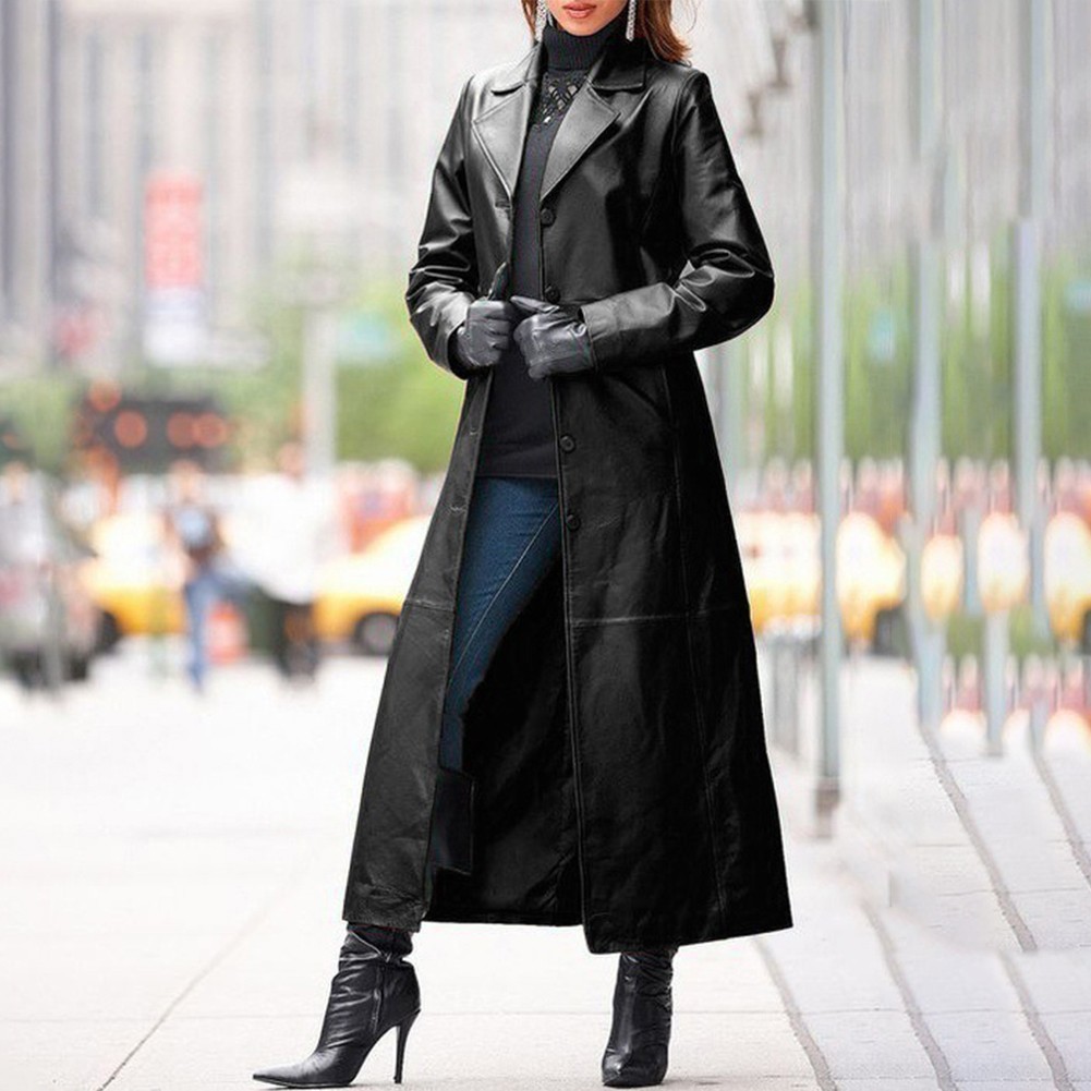 2023 Fashion Coat PU Leather Button Long Parka Loose Trench Windbreaker - Picture 13 of 18