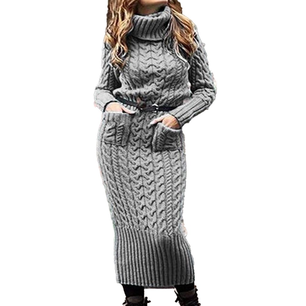 Niuer Women Sweater Dress Long Sleeve Maxi Dresses Crew Neck Pullover  Jumper Loose Solid Color Gray S 