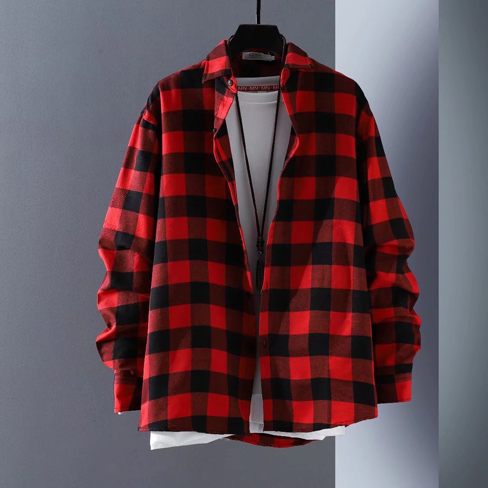 Modern Men's Lapel Tops Button Down Shirts Checkered Baggy Coat Casual Fashion - Picture 14 of 23