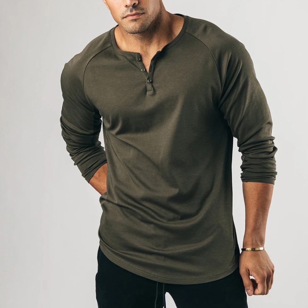 Comfortable T-Shirt Casual Elastic Henley Grandad Long Sleeve Slim Fit