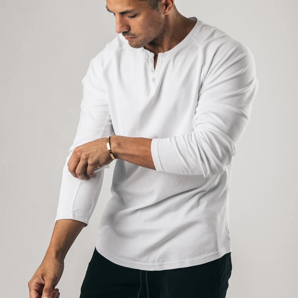 Comfortable T-Shirt Casual Elastic Henley Grandad Long Sleeve Slim Fit