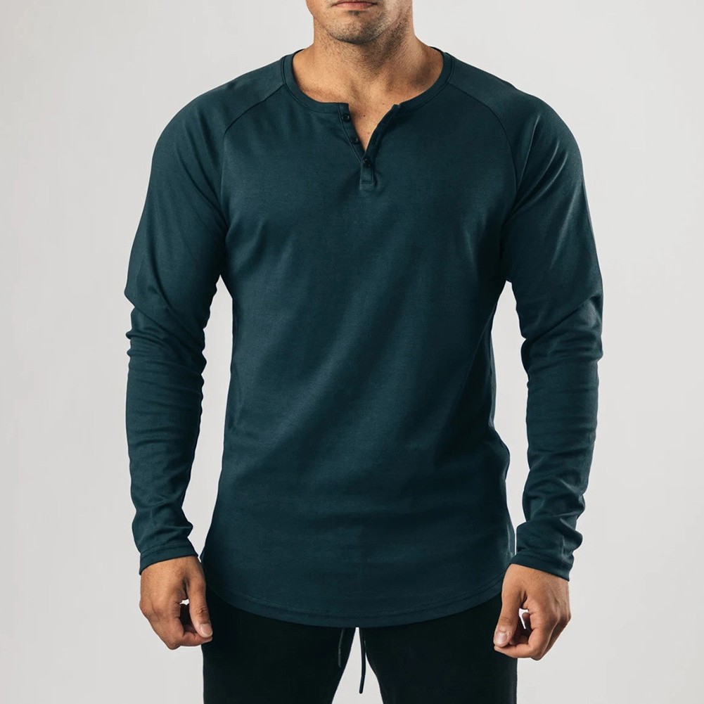 Comfortable T-Shirt Casual Elastic Henley Grandad Long Sleeve Slim Fit