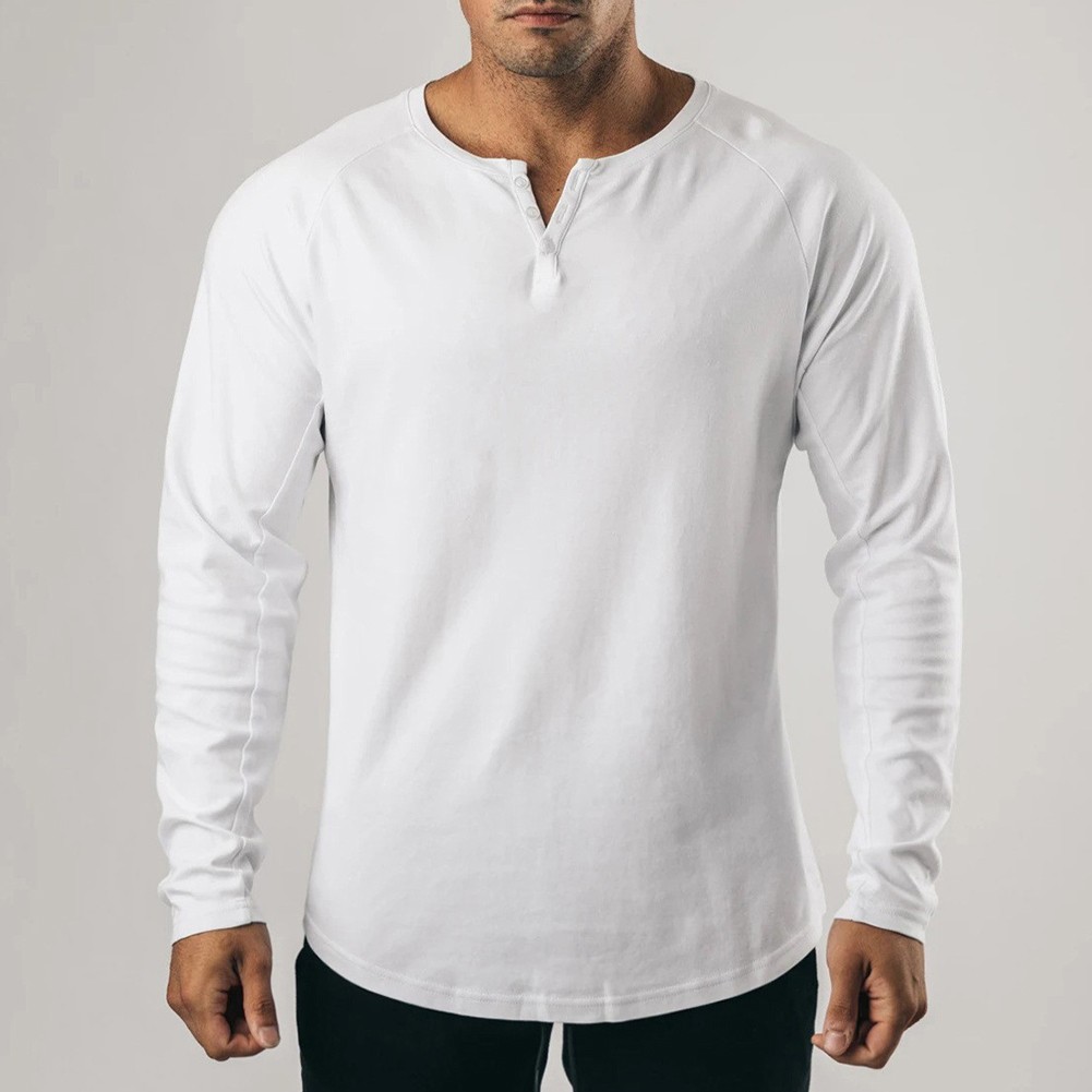 Comfortable T-Shirt Casual Elastic Henley Grandad Long Sleeve Slim Fit