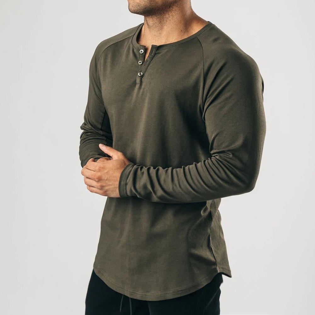 Comfortable T-Shirt Casual Elastic Henley Grandad Long Sleeve Slim Fit