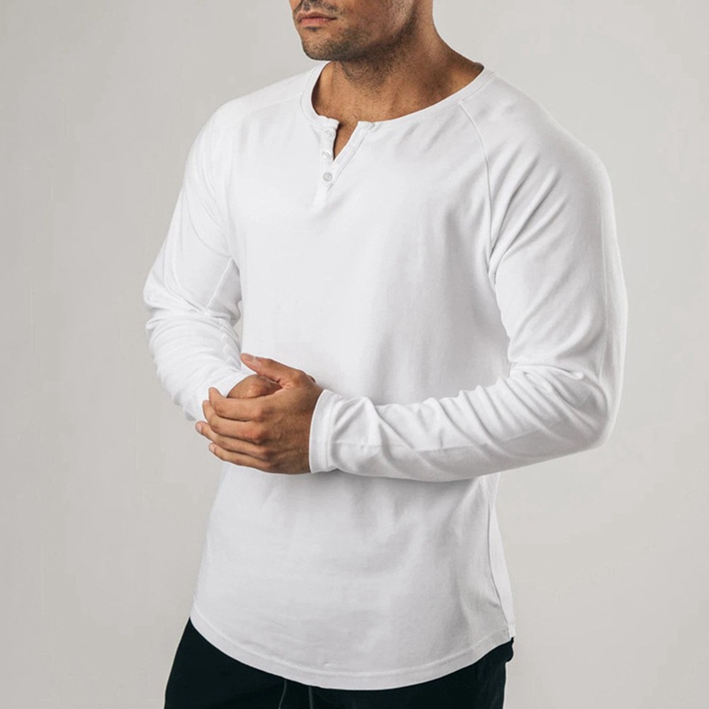 Comfortable T-Shirt Casual Elastic Henley Grandad Long Sleeve Slim Fit