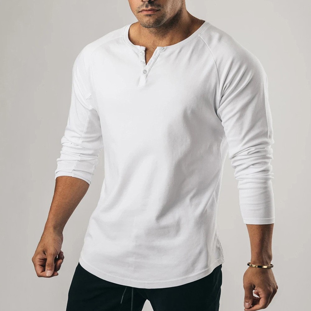 Comfortable T-Shirt Casual Elastic Henley Grandad Long Sleeve Slim Fit