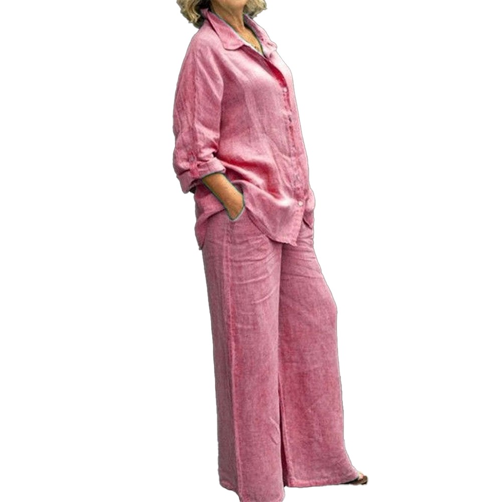 Women's Autumn Cotton Linen Suit Solid Blouse and Loose Straight Pants (Purple) - Picture 17 of 22