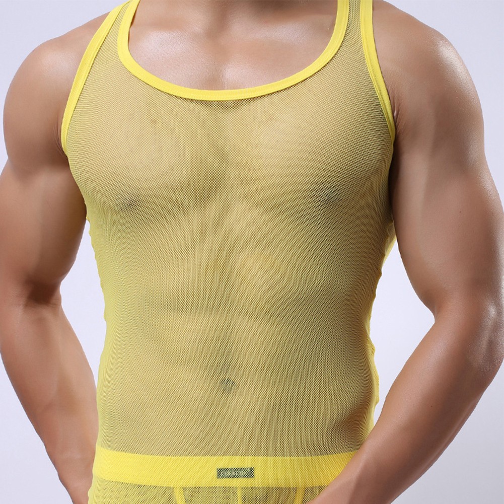 Slim Fit See Through Mesh T Shirt Men's Sexy Gym Training Vest Underwear