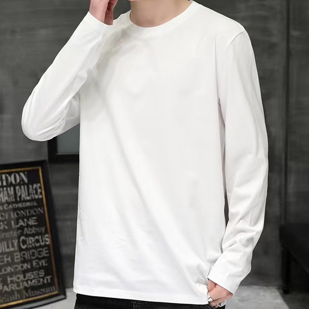 Sophisticated Men's Round Collar Solid Color Long sleeved Cotton Tee Shirt - Picture 19 of 48