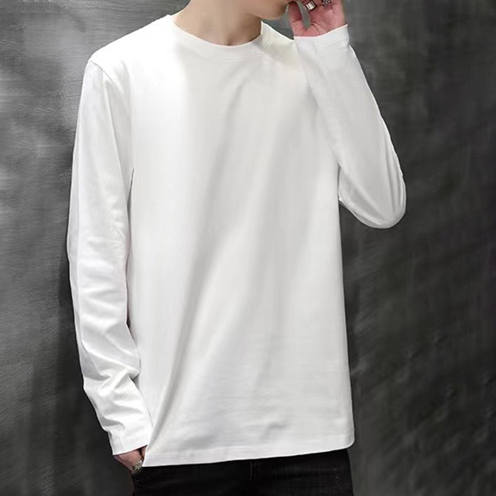 Sophisticated Men's Round Collar Solid Color Long sleeved Cotton Tee Shirt - Picture 16 of 48