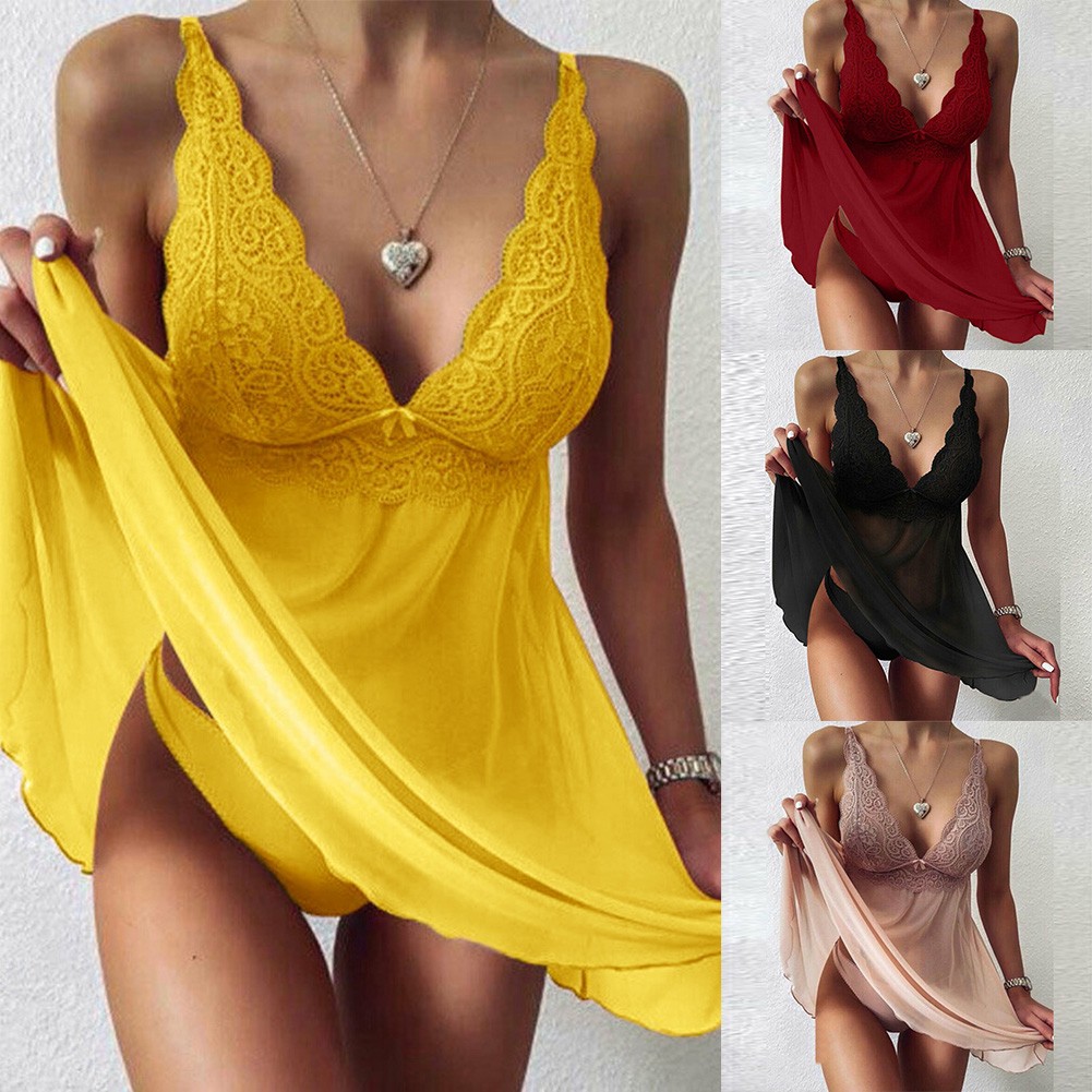 Kleid Robe Sommer Weich Damen Einfarbig Nachtwäsche Spitze Unterwäsche - Bild 7 von 17