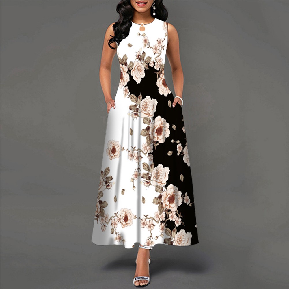 Robe Maxi Bohème Sans Manches Pour Femme - Imprimé Floral Polyester - Neuf Avec étiquettes