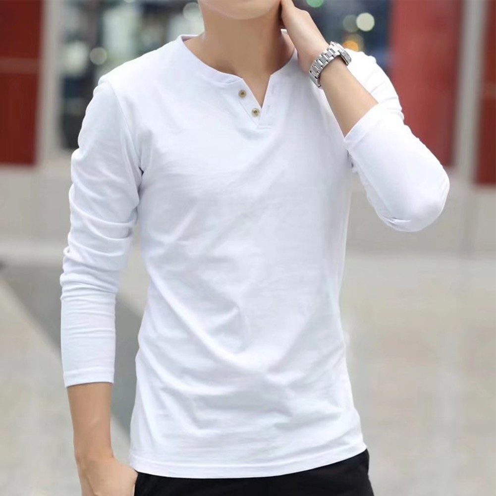 Stylish Men’s Button V Neck Henley T Shirt Slim Bottoming Tops Long Sleeve