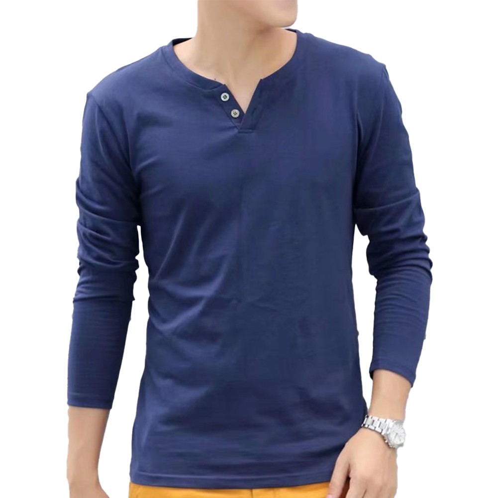 Elegant Men's V Neck Henley T Shirt Slim Fit Buttoned Long Sleeve Pullover Top - Picture 13 of 20