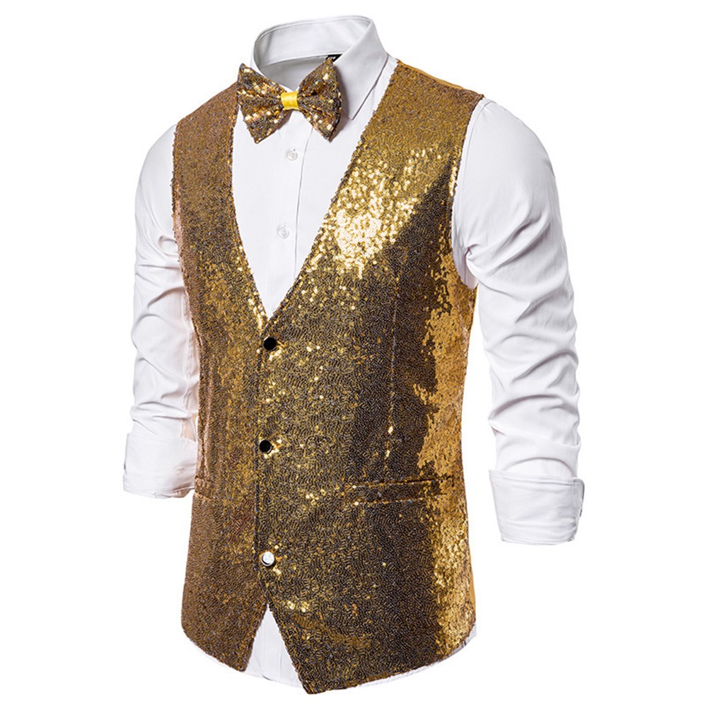 Classy V Neck Royal Blue Sequin Dress Vest for Men Slim Fit Glitter Waistcoat - Picture 11 of 13