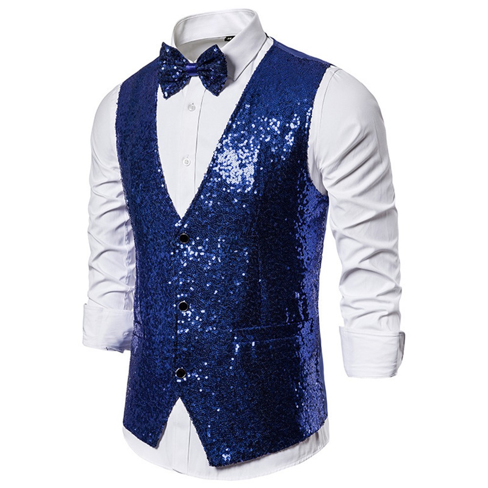 Classy V Neck Royal Blue Sequin Dress Vest for Men Slim Fit Glitter Waistcoat - Picture 13 of 13