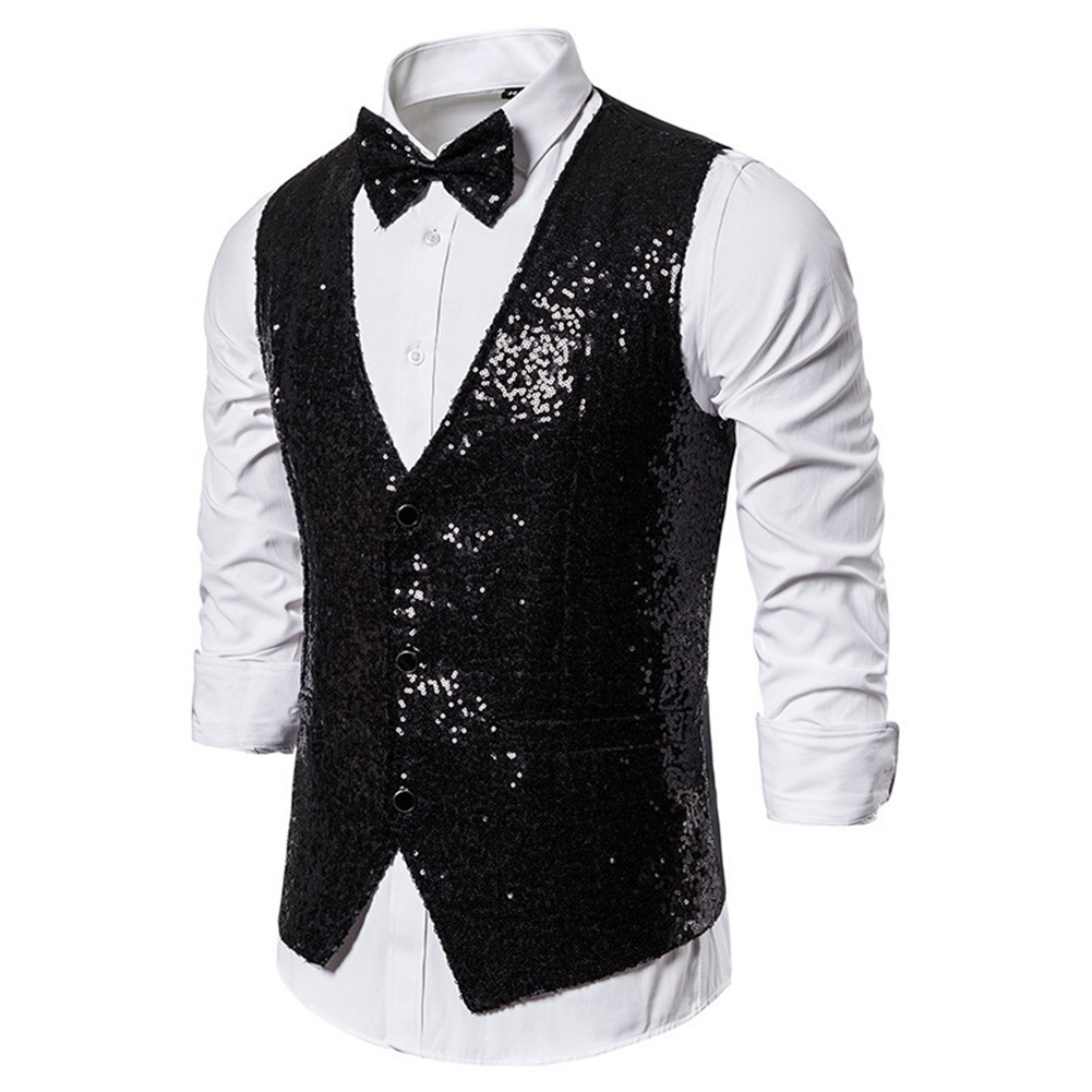 Classy V Neck Royal Blue Sequin Dress Vest for Men Slim Fit Glitter Waistcoat - Picture 10 of 13
