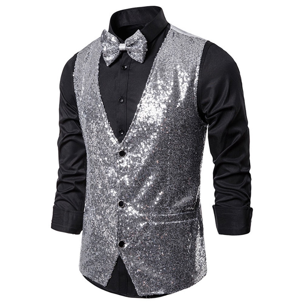 Classy V Neck Royal Blue Sequin Dress Vest for Men Slim Fit Glitter Waistcoat - Picture 8 of 13