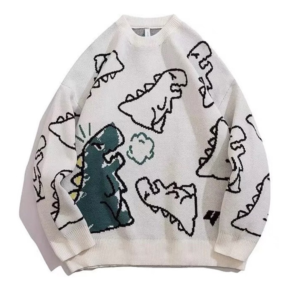 Fashionable Men's Knitted Hip Hop Sweaters with Dinosaur Cartoon Print - Picture 26 of 26