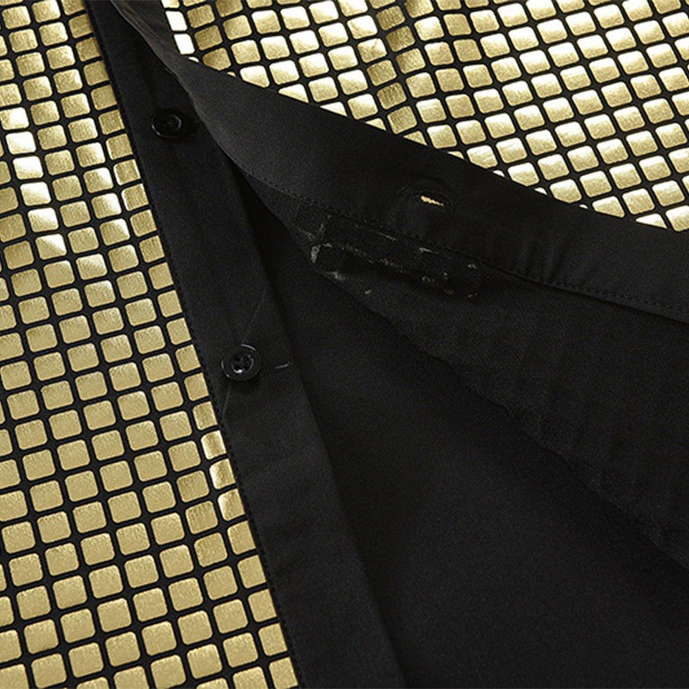 Shiny Sequined Men's Gold Lapel Shirt Button Down Disco Blouse 70s Style - Picture 18 of 26