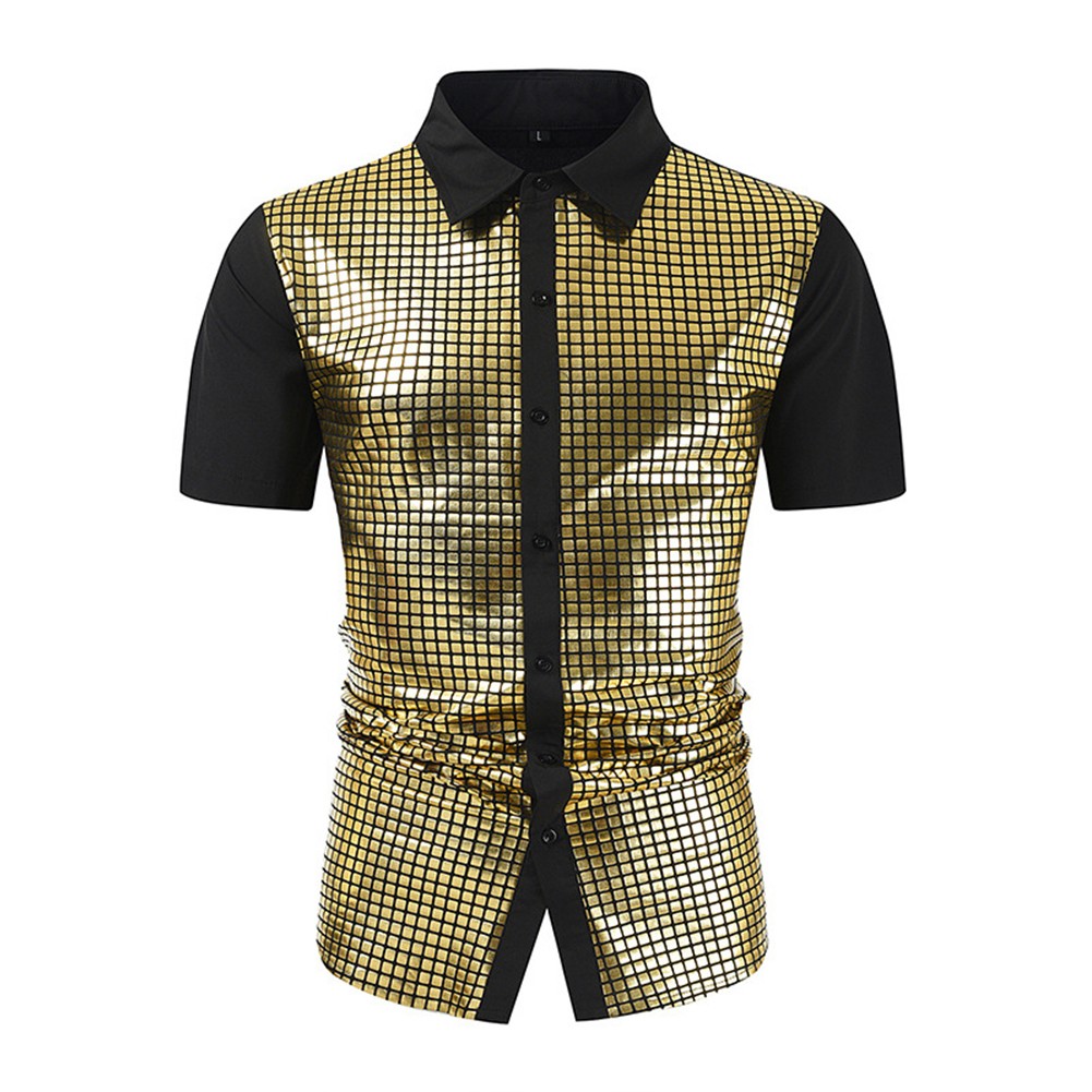Shiny Sequined Men's Gold Lapel Shirt Button Down Disco Blouse 70s Style - Picture 15 of 26