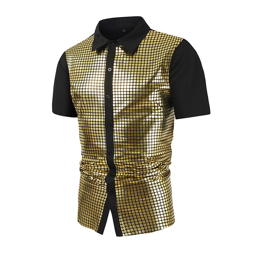 Shiny Sequined Men's Gold Lapel Shirt Button Down Disco Blouse 70s Style - Picture 19 of 26