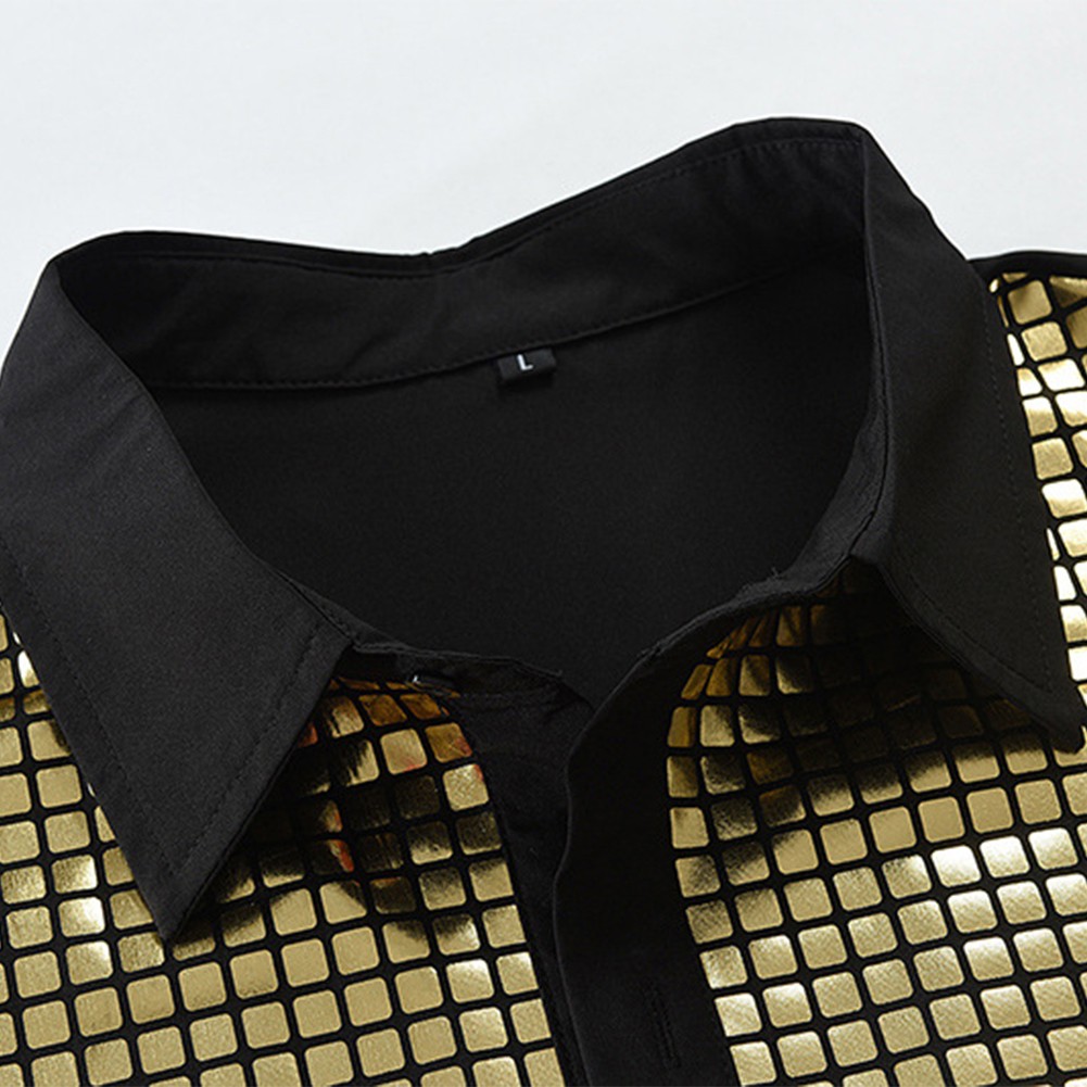 Shiny Sequined Men's Gold Lapel Shirt Button Down Disco Blouse 70s Style - Picture 16 of 26