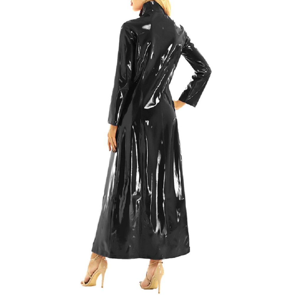 Women's PVC Leather Long Coat Jacket Slim Fit Dress Cosplay Costume Clubwear - Picture 20 of 36