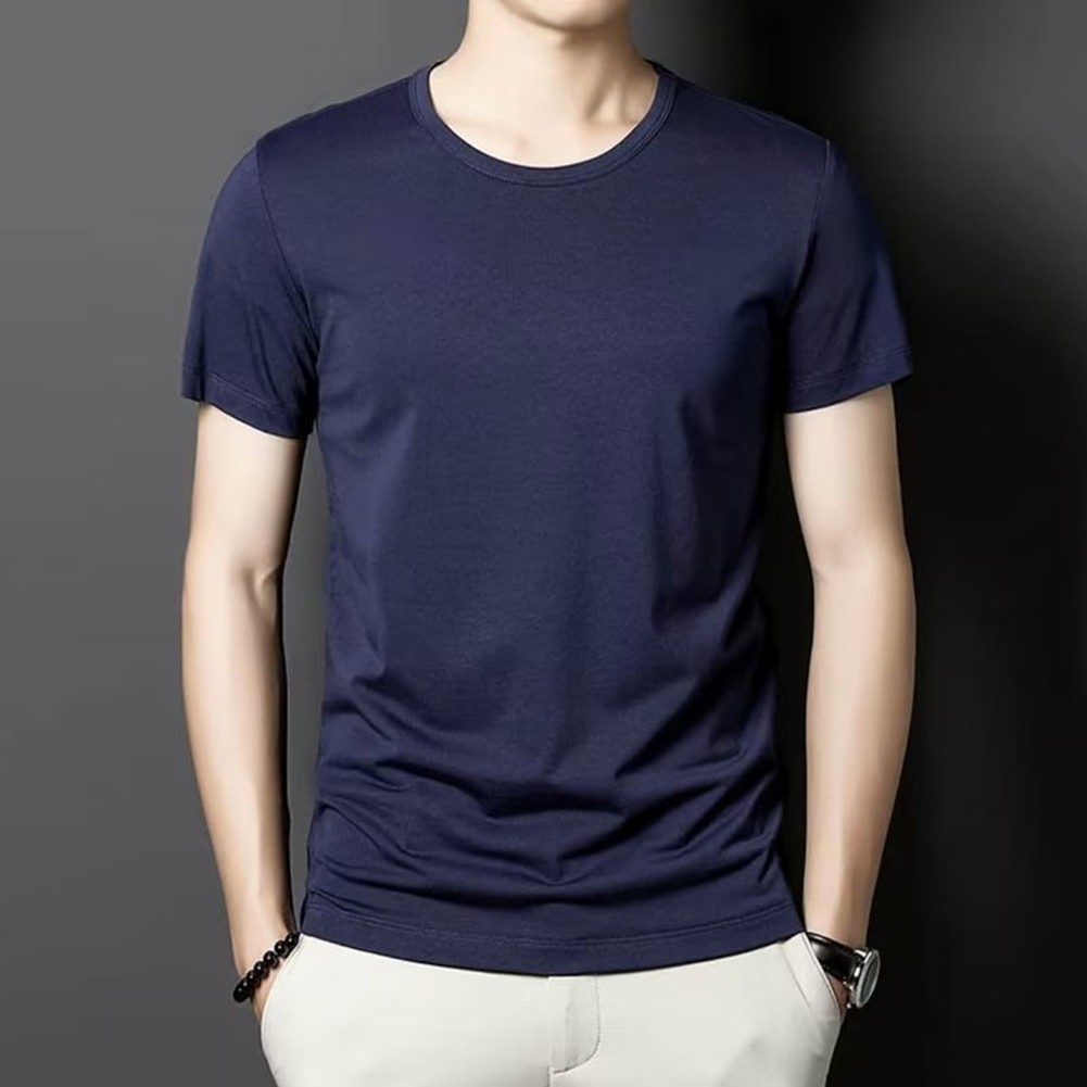 Fashionable Men's Slim Fit Round Neck Bottoming Tee Solid Short Sleeves - Picture 23 of 25
