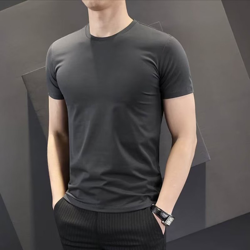Fashionable Men's Slim Fit Round Neck Bottoming Tee Solid Short Sleeves - Picture 22 of 25
