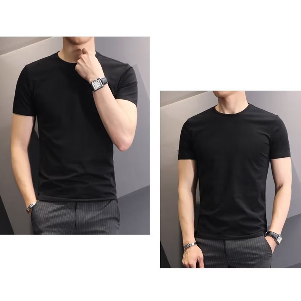 Fashionable Men's Slim Fit Round Neck Bottoming Tee Solid Short Sleeves - Picture 20 of 25