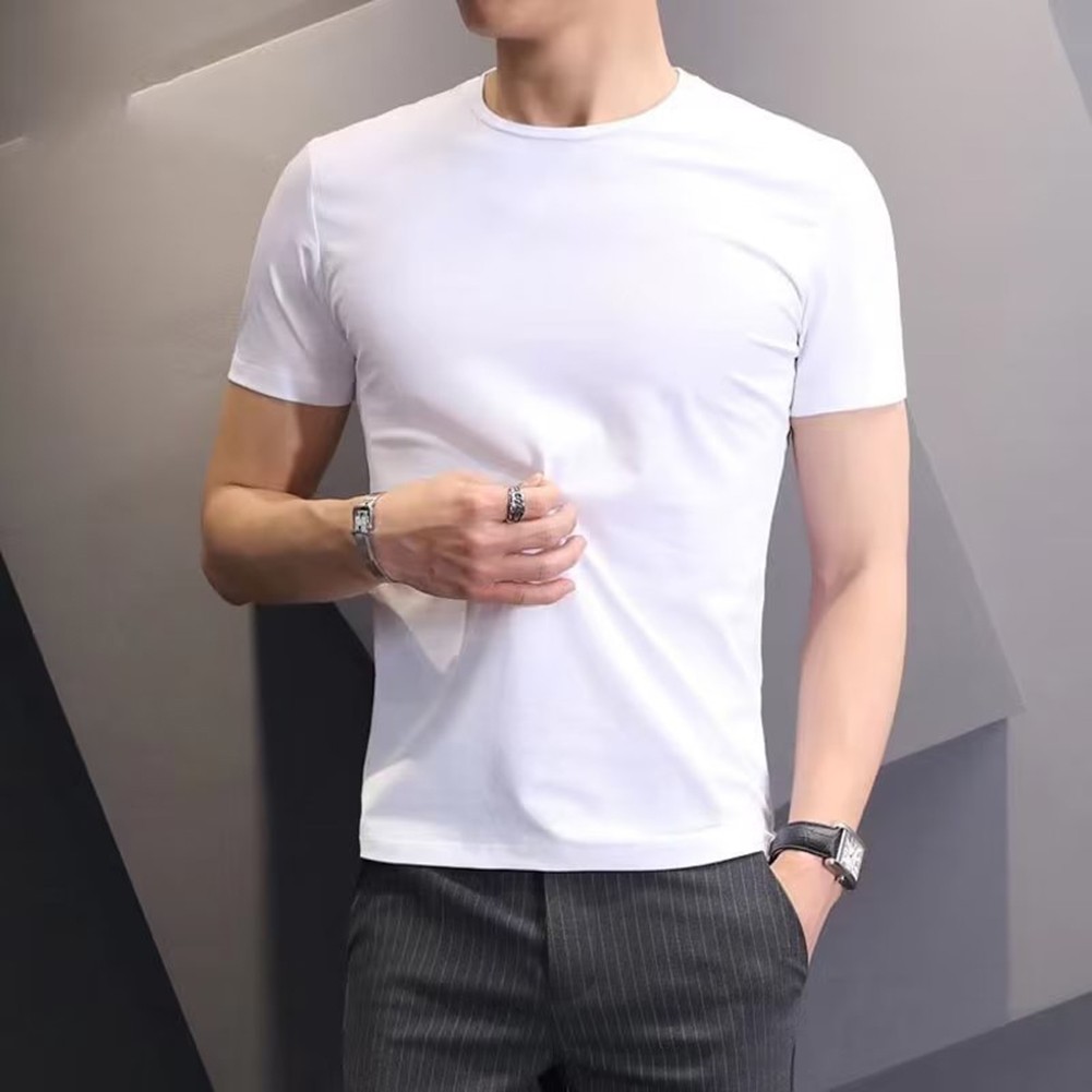 Fashionable Men's Slim Fit Round Neck Bottoming Tee Solid Short Sleeves - Picture 12 of 25