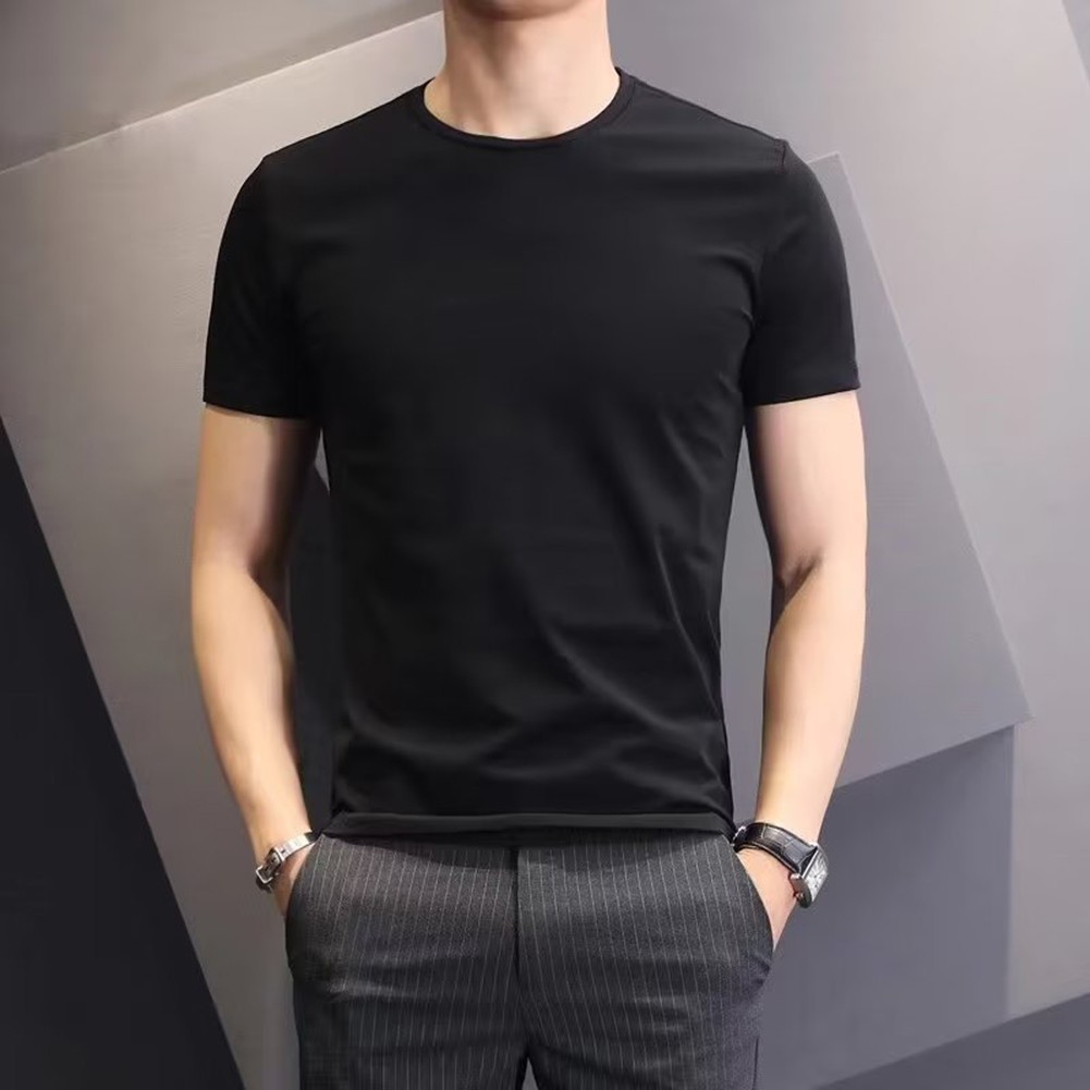 Fashionable Men's Slim Fit Round Neck Bottoming Tee Solid Short Sleeves - Picture 17 of 25
